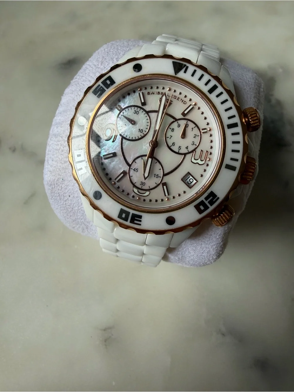 White Ceramic Chronograph Swiss Legend Watch with Rose Gold Accents
